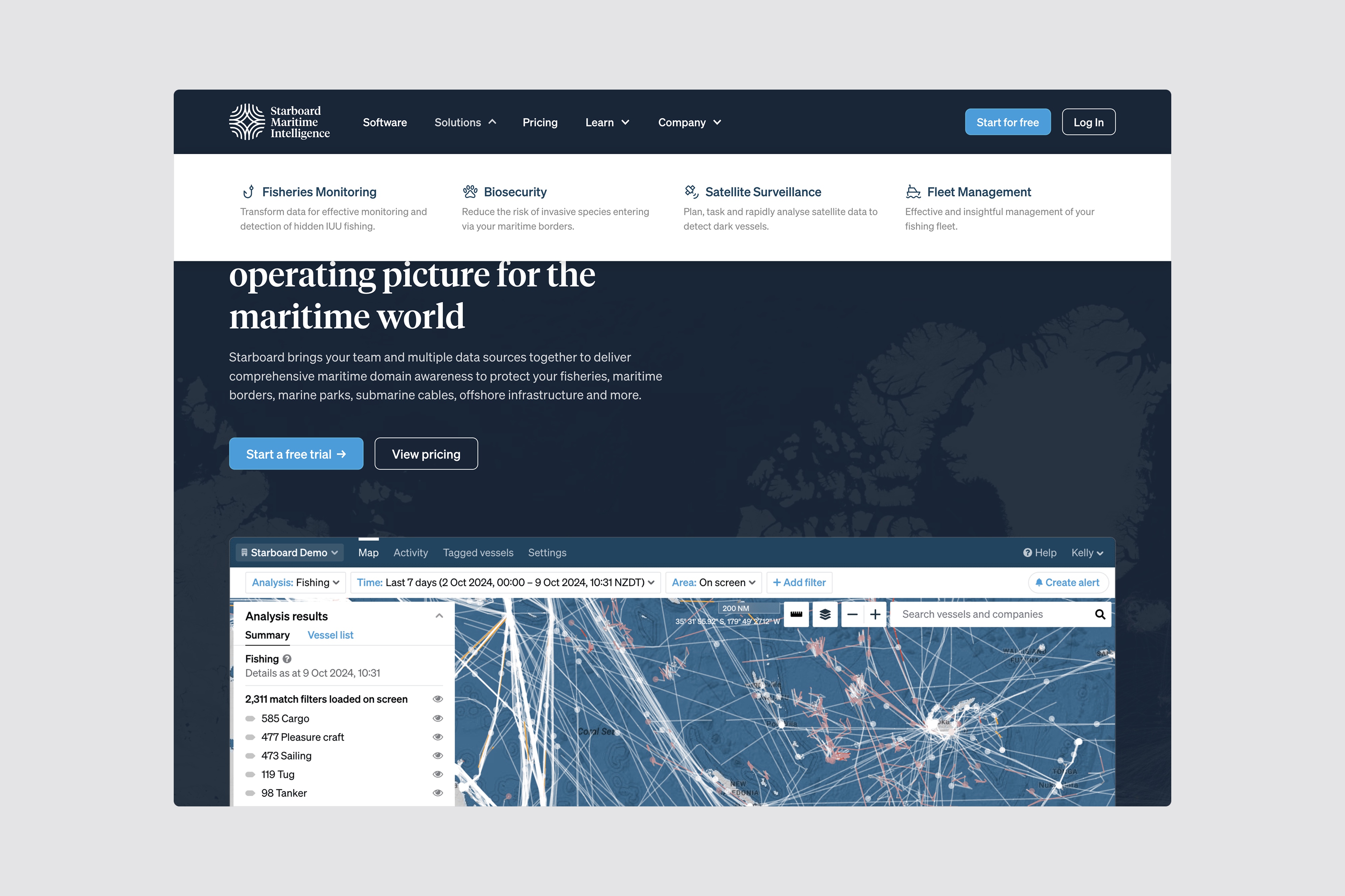 Solutions page highlighting real-time vessel tracking and analytics capabilities.